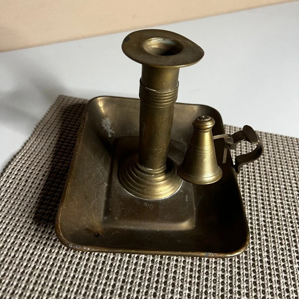 Vintage Brass Chamberstick Candle Holder with Snuffer‎ Rectangular Tray Handle